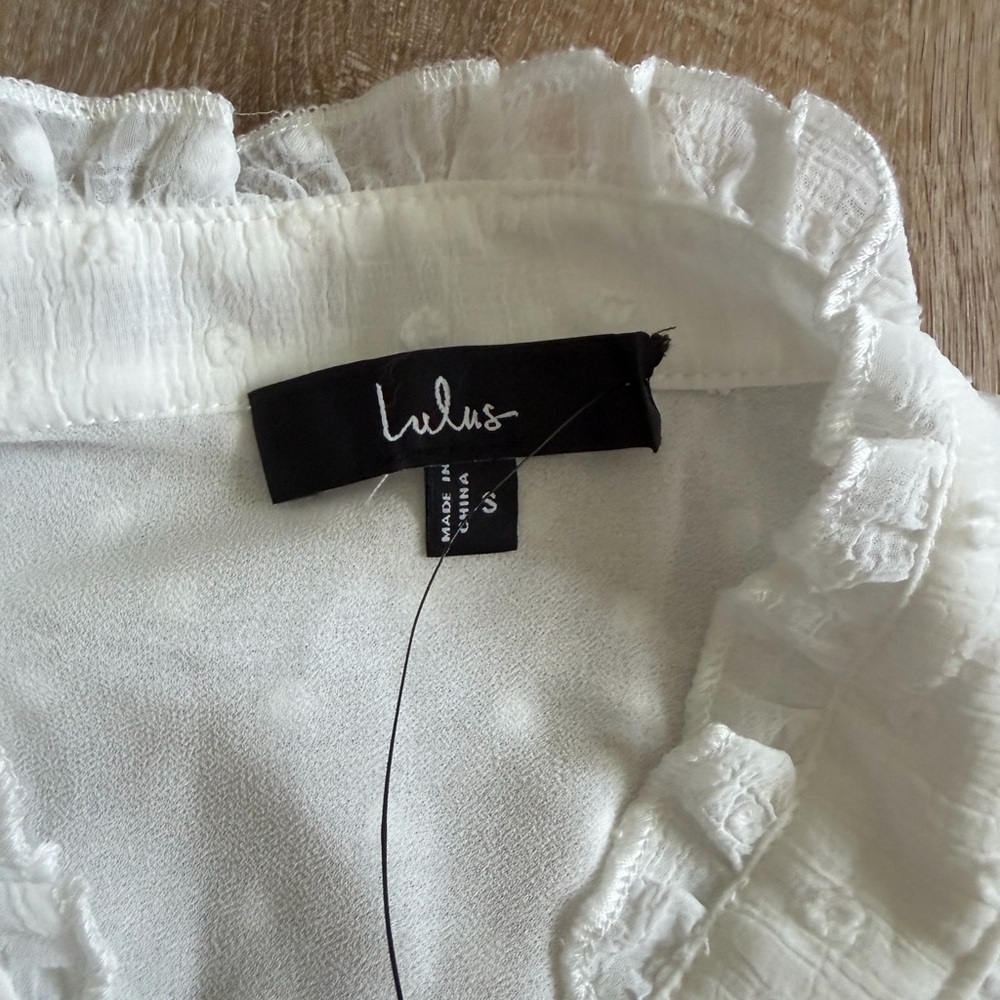 Lulu's Delightful Charm White Swiss Dot Button-Up Long Sleeve Top - Picture 3 of 5